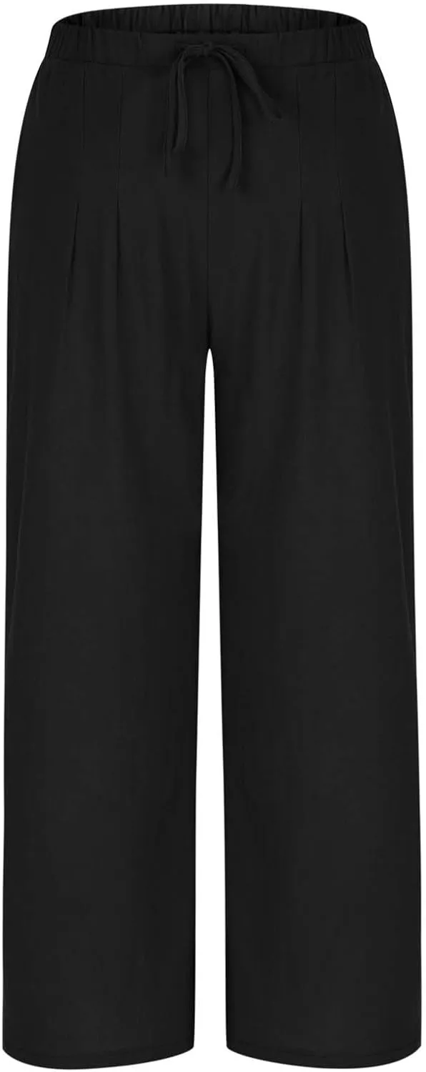 TANGNADE Women's Pants High Elastic Waisted Plus Size Wide Leg Trouser with Pockets Summer Casual Beach Flowy Pant