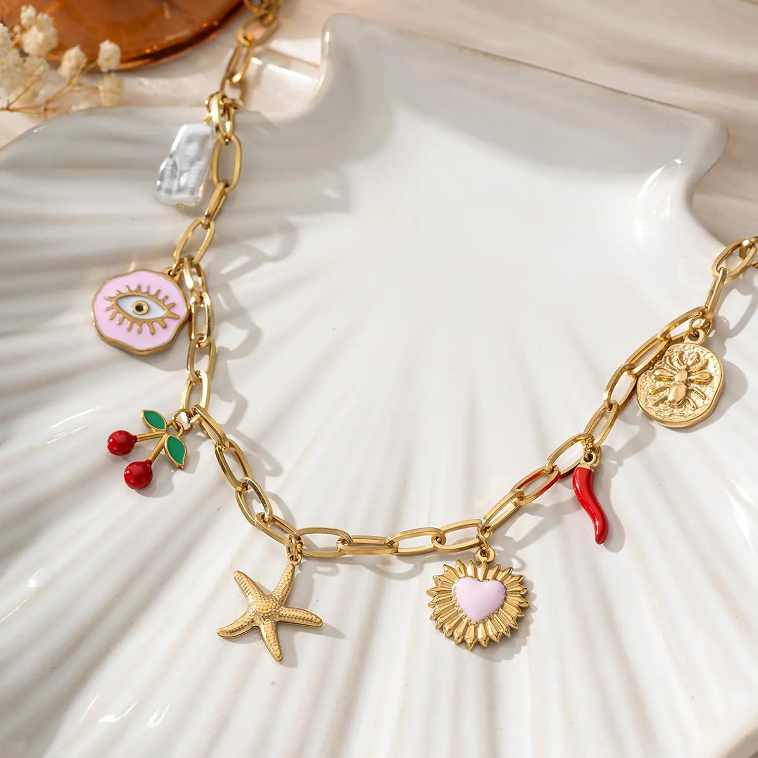 Trendy Stainless Steel Gold Plated Charm Necklace with Heart Pearl Pepper Conch Ceramic Pendant Necklace for Women Collares Chokers Jewelry