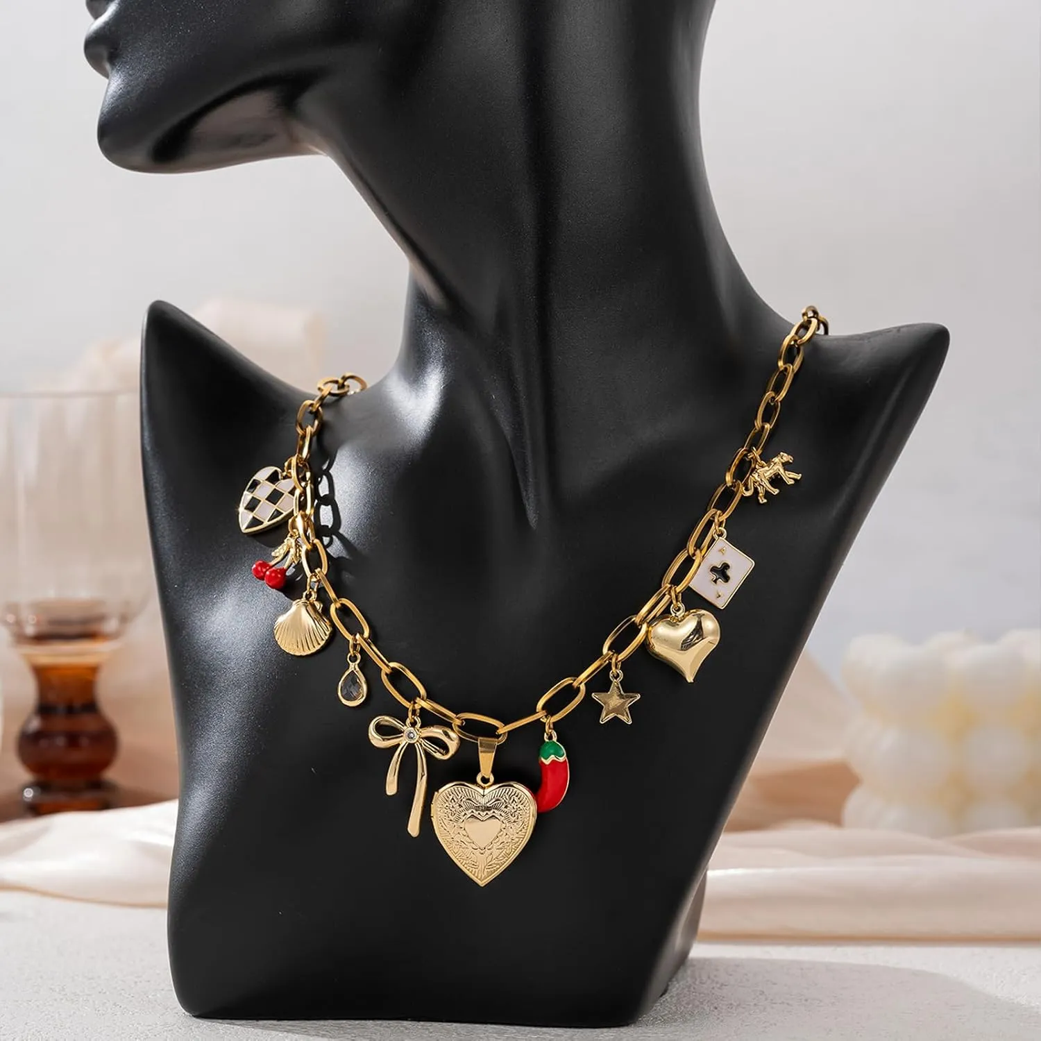 Trendy Stainless Steel Gold Plated Charm Necklace with Heart Pearl Pepper Conch Ceramic Pendant Necklace for Women Collares Chokers Jewelry