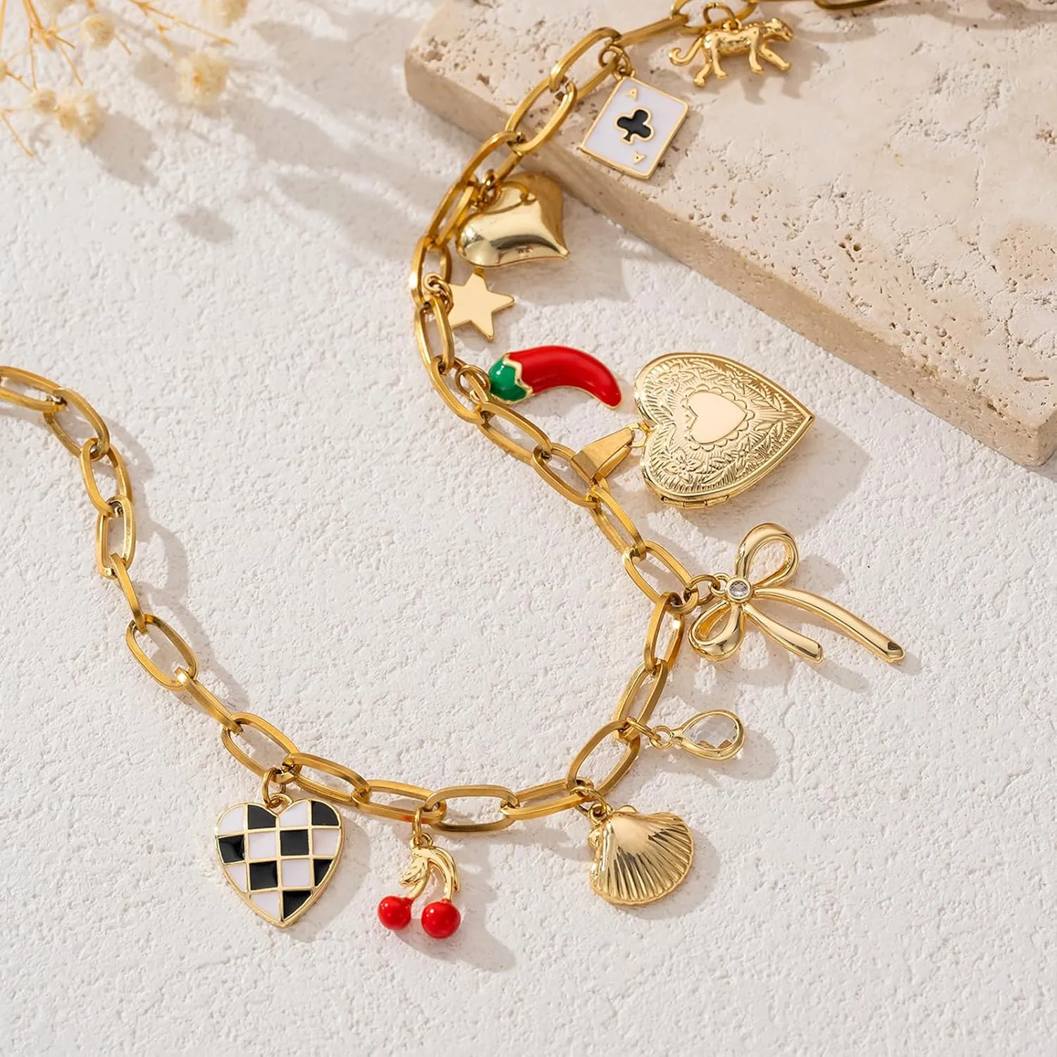 Trendy Stainless Steel Gold Plated Charm Necklace with Heart Pearl Pepper Conch Ceramic Pendant Necklace for Women Collares Chokers Jewelry