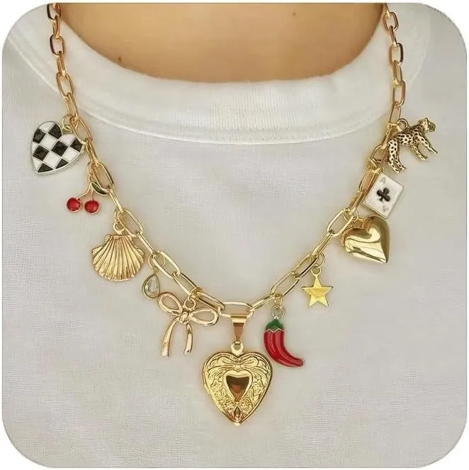 Trendy Stainless Steel Gold Plated Charm Necklace with Heart Pearl Pepper Conch Ceramic Pendant Necklace for Women Collares Chokers Jewelry