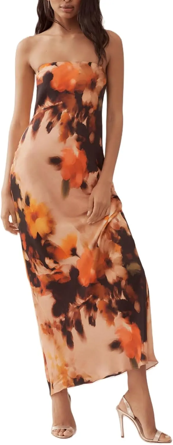 UAURORAO Strapless Tropical Dress for Women Y2k Backless Bandeau Tube Long Dress Boho Floral Vacation Beach Sundress