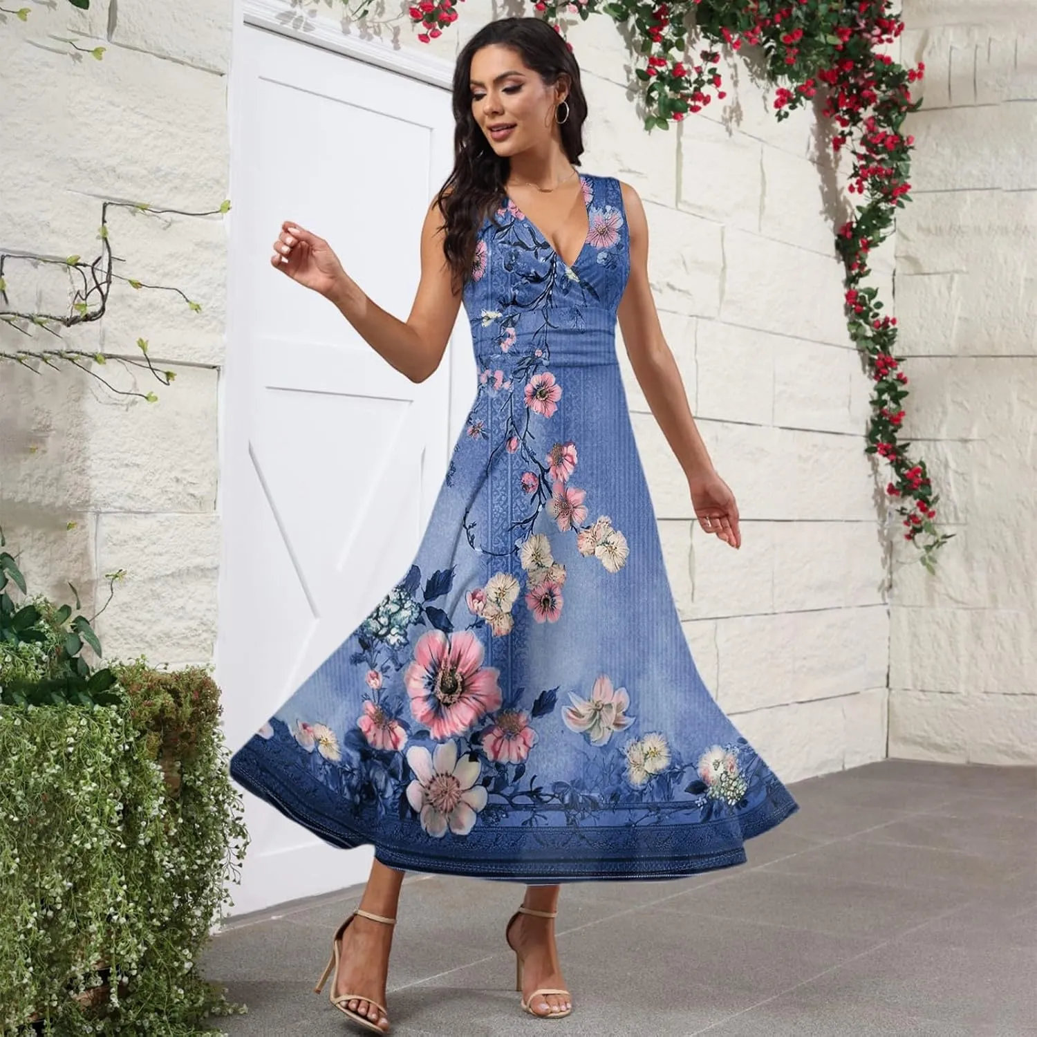 Vacation Dresses for Women 2025 Summer Beach Plus Size V-Neck Sleeveless Fashion Flowy Floral Printing Long Dress Blues