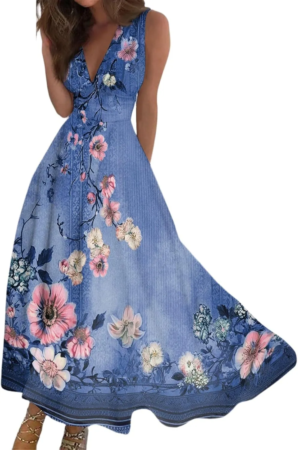 Vacation Dresses for Women 2025 Summer Beach Plus Size V-Neck Sleeveless Fashion Flowy Floral Printing Long Dress Blues