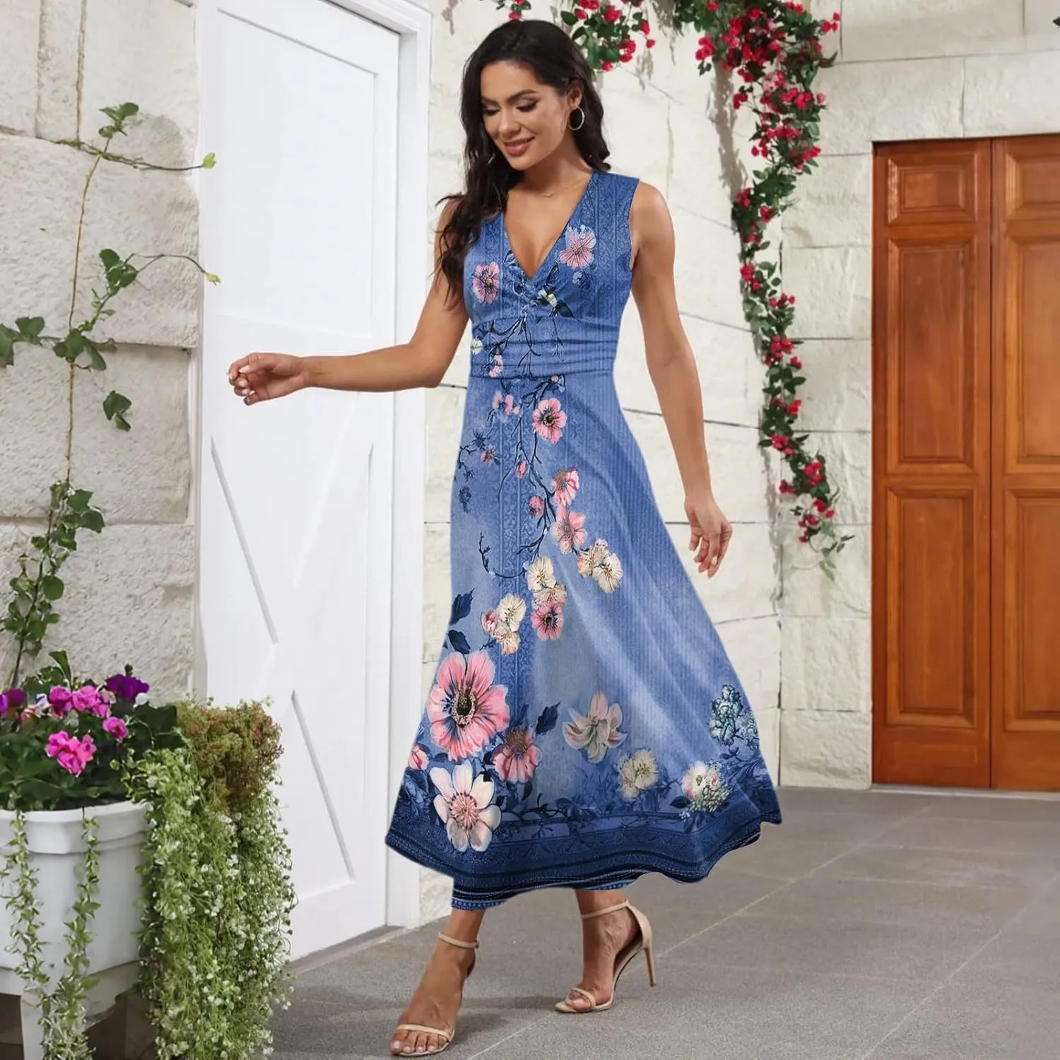 Vacation Dresses for Women 2025 Summer Beach Plus Size V-Neck Sleeveless Fashion Flowy Floral Printing Long Dress Blues