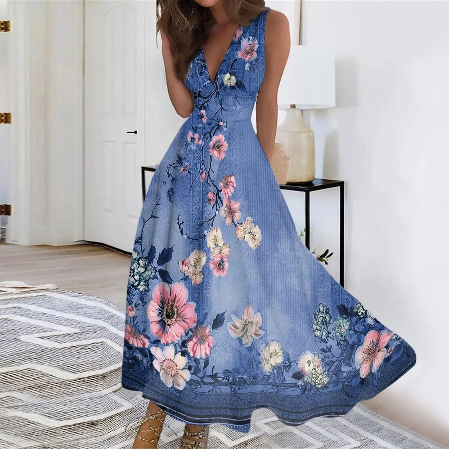 Vacation Dresses for Women 2025 Summer Beach Plus Size V-Neck Sleeveless Fashion Flowy Floral Printing Long Dress Blues
