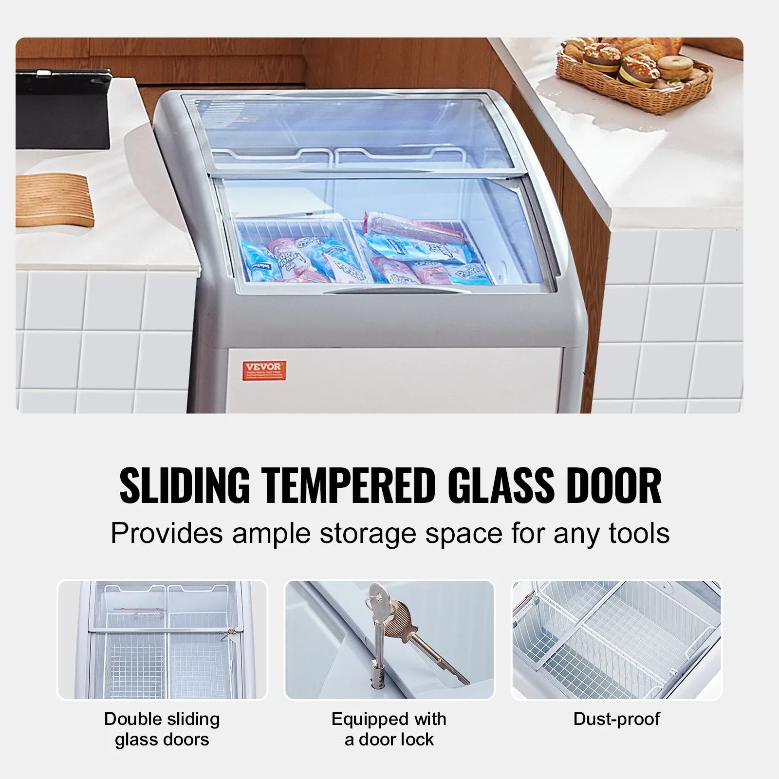 Vevor Ice Cream Display Commercial Freezer 5.4 Cu. Ft. with 2 Wire Baskets and Sliding Glass Doors New