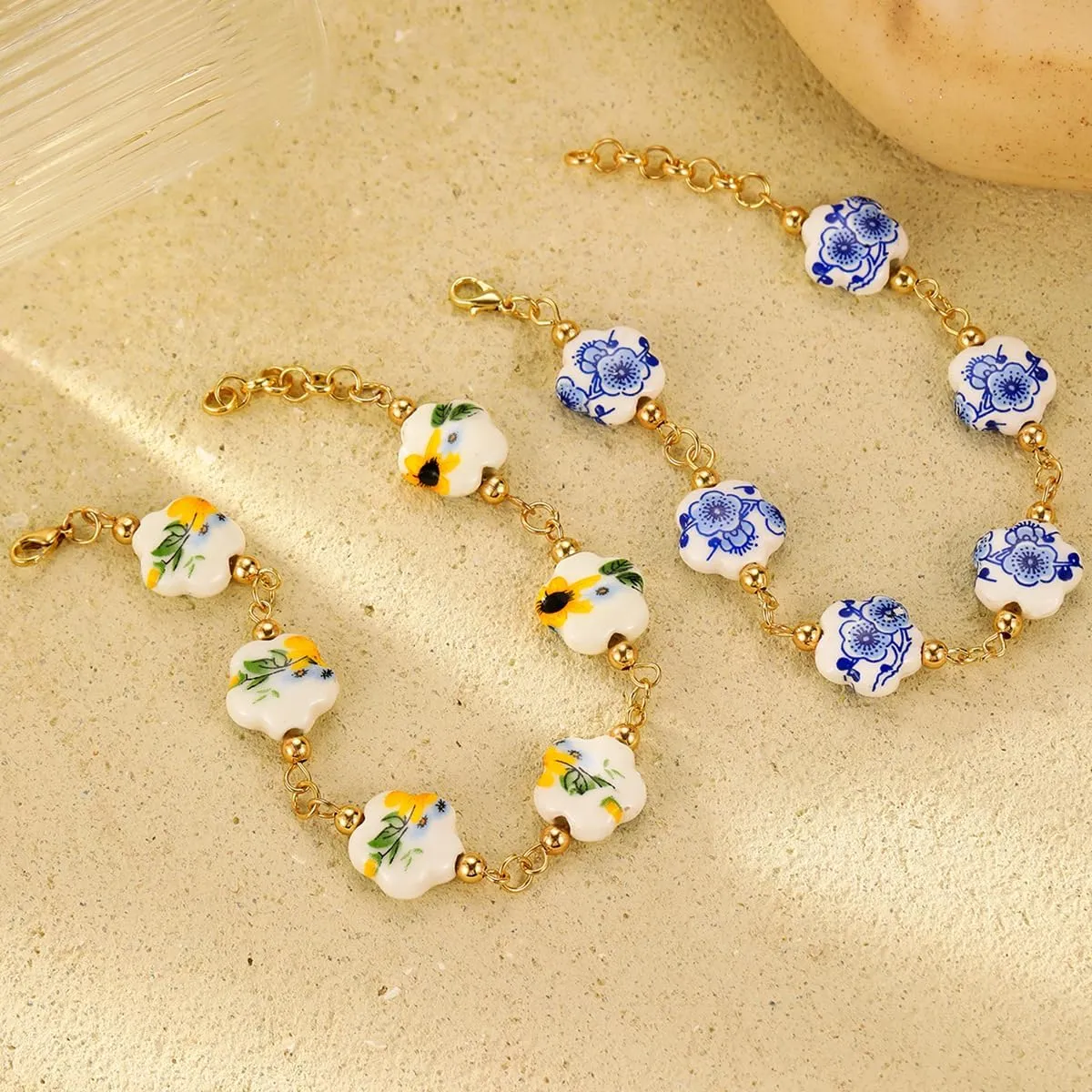 Vintage Porcelain Beads Bracelet Flower Ceramic Stretch Bracelets Chinese Style Ceramic Cross Bracelet