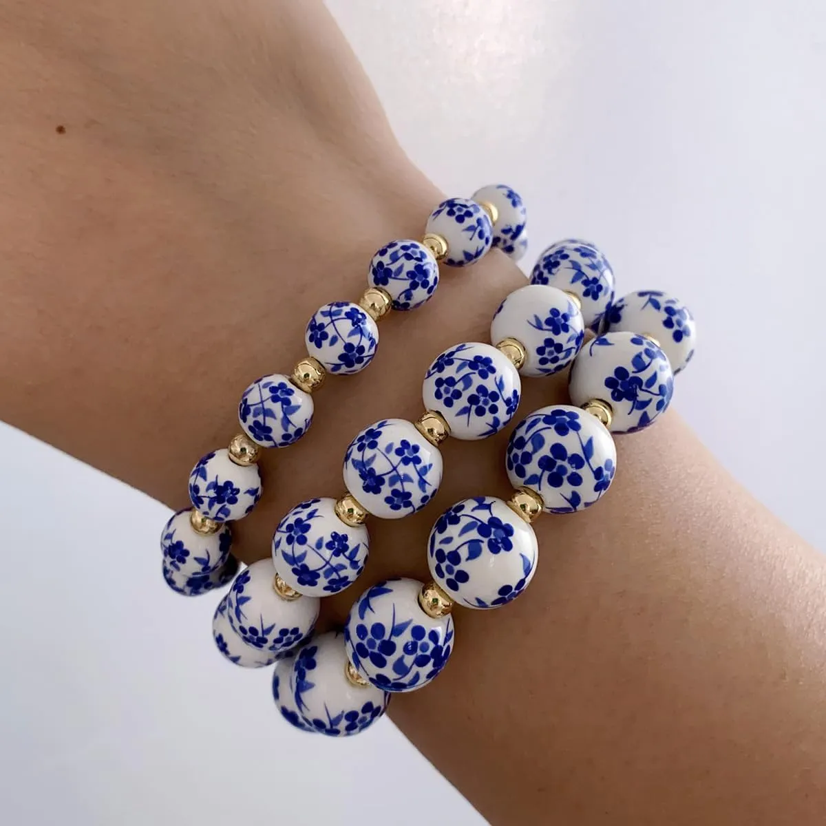 Vintage Porcelain Beads Bracelet Flower Ceramic Stretch Bracelets Chinese Style Ceramic Cross Bracelet