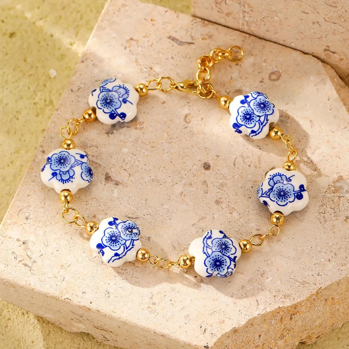 Vintage Porcelain Beads Bracelet Flower Ceramic Stretch Bracelets Chinese Style Ceramic Cross Bracelet