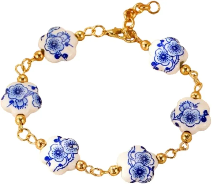 Vintage Porcelain Beads Bracelet Flower Ceramic Stretch Bracelets Chinese Style Ceramic Cross Bracelet
