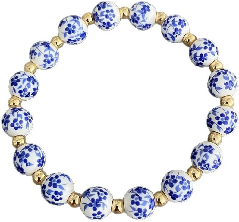 Vintage Porcelain Beads Bracelet Flower Ceramic Stretch Bracelets Chinese Style Ceramic Cross Bracelet