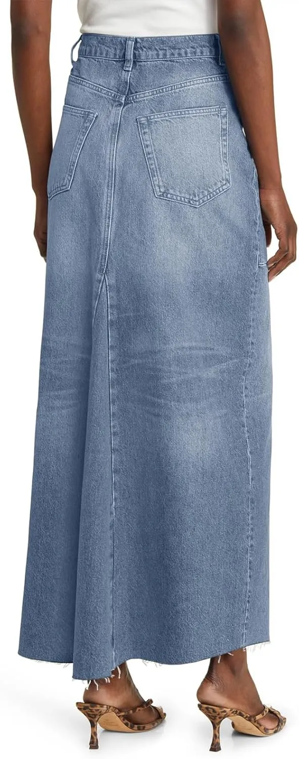 Wenrine Women's High Waisted Denim Maxi Skirts Frayed Hem Split Jean Skirts with Pockets