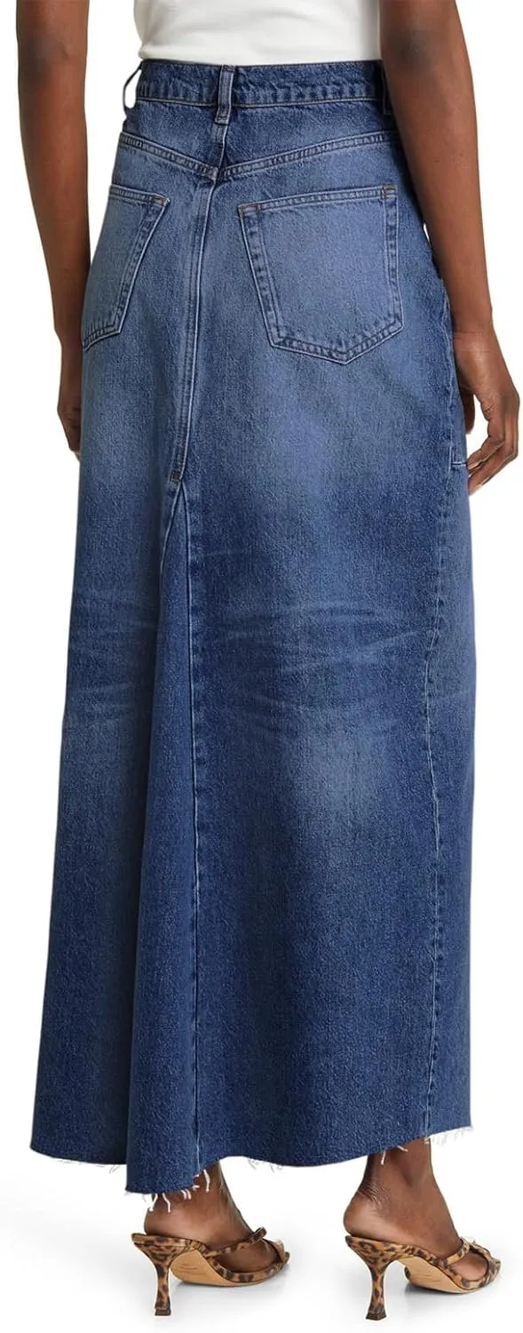 Wenrine Women's High Waisted Denim Maxi Skirts Frayed Hem Split Jean Skirts with Pockets
