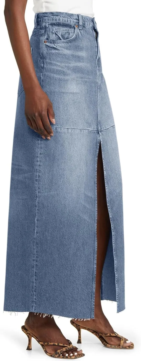 Wenrine Women's High Waisted Denim Maxi Skirts Frayed Hem Split Jean Skirts with Pockets