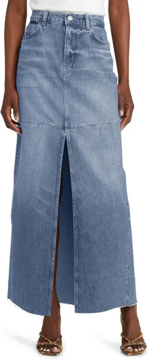 Wenrine Women's High Waisted Denim Maxi Skirts Frayed Hem Split Jean Skirts with Pockets