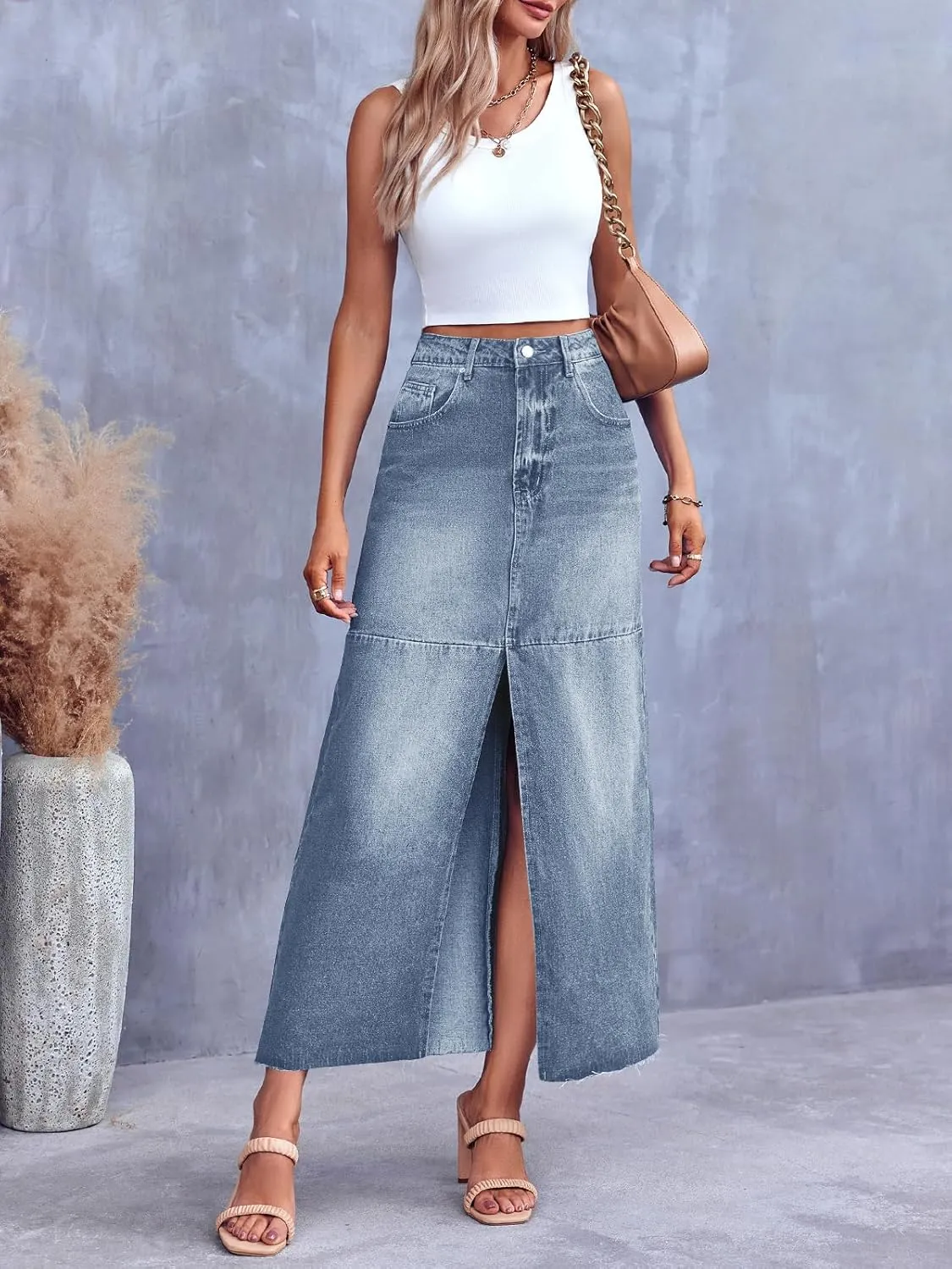 Wenrine Women's High Waisted Denim Maxi Skirts Frayed Hem Split Jean Skirts with Pockets