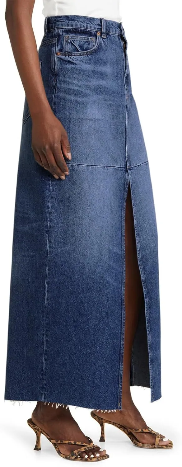 Wenrine Women's High Waisted Denim Maxi Skirts Frayed Hem Split Jean Skirts with Pockets