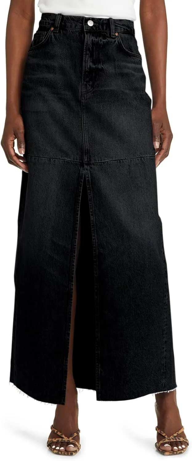 Wenrine Women's High Waisted Denim Maxi Skirts Frayed Hem Split Jean Skirts with Pockets