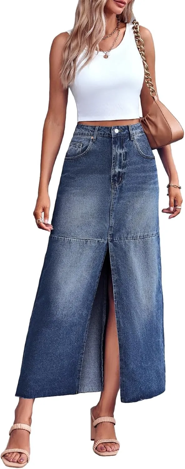 Wenrine Women's High Waisted Denim Maxi Skirts Frayed Hem Split Jean Skirts with Pockets