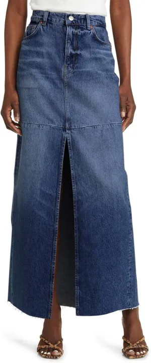 Wenrine Women's High Waisted Denim Maxi Skirts Frayed Hem Split Jean Skirts with Pockets