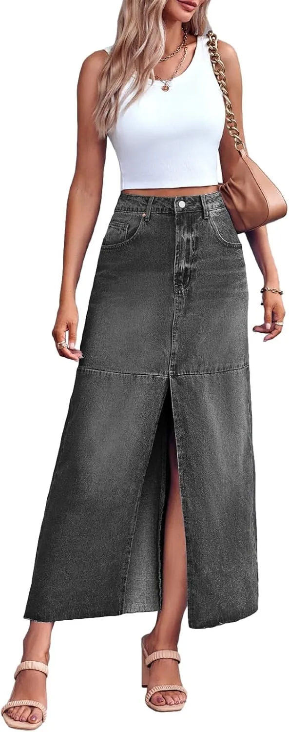 Wenrine Women's High Waisted Denim Maxi Skirts Frayed Hem Split Jean Skirts with Pockets