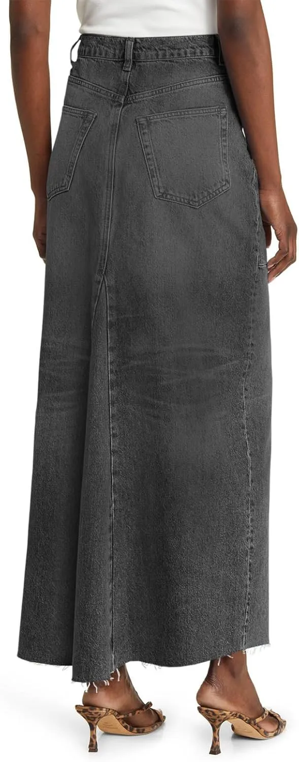 Wenrine Women's High Waisted Denim Maxi Skirts Frayed Hem Split Jean Skirts with Pockets
