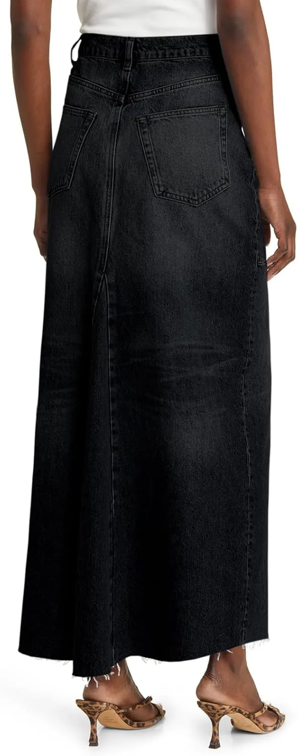 Wenrine Women's High Waisted Denim Maxi Skirts Frayed Hem Split Jean Skirts with Pockets