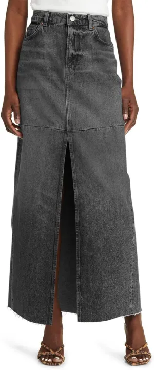 Wenrine Women's High Waisted Denim Maxi Skirts Frayed Hem Split Jean Skirts with Pockets
