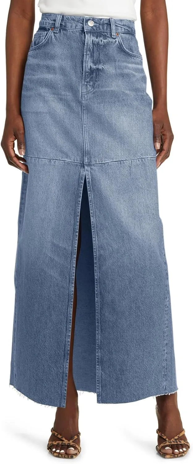 Wenrine Women's High Waisted Denim Maxi Skirts Frayed Hem Split Jean Skirts with Pockets