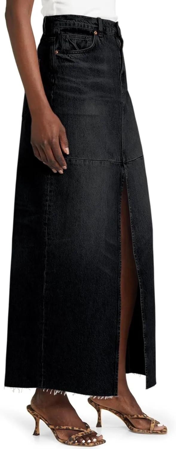 Wenrine Women's High Waisted Denim Maxi Skirts Frayed Hem Split Jean Skirts with Pockets