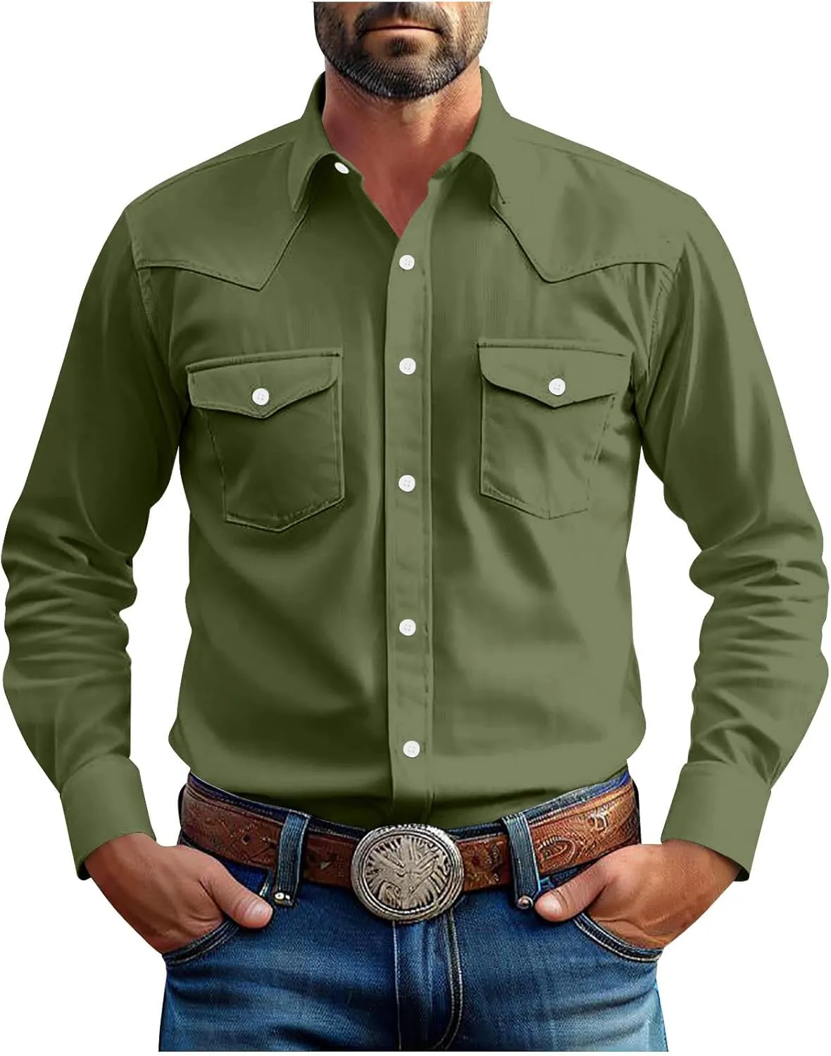 Western Cowboy Shirts for Men Pearl Snap Button Down Cotton Work Tshirt Men's Casual Shirt Jackets with Pockets
