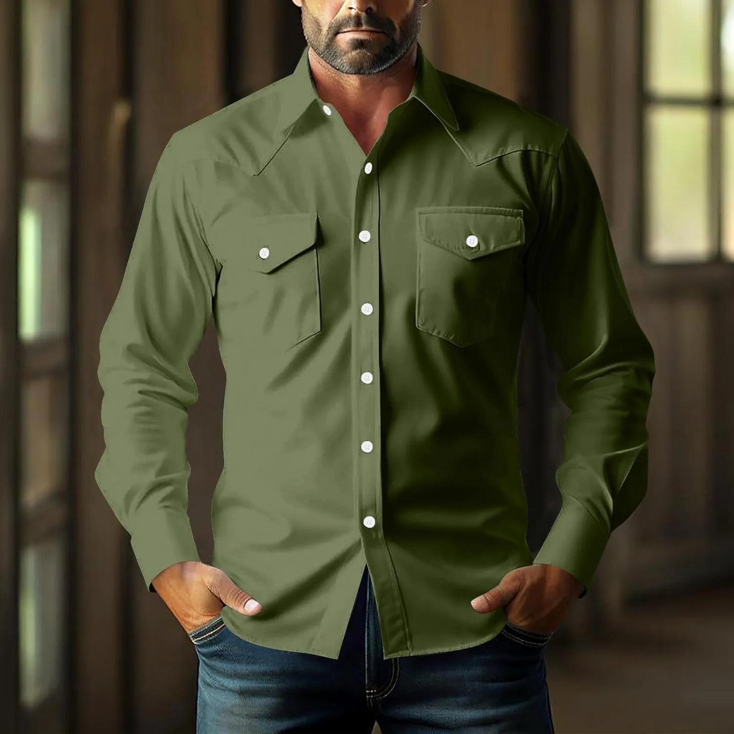 Western Cowboy Shirts for Men Pearl Snap Button Down Cotton Work Tshirt Men's Casual Shirt Jackets with Pockets