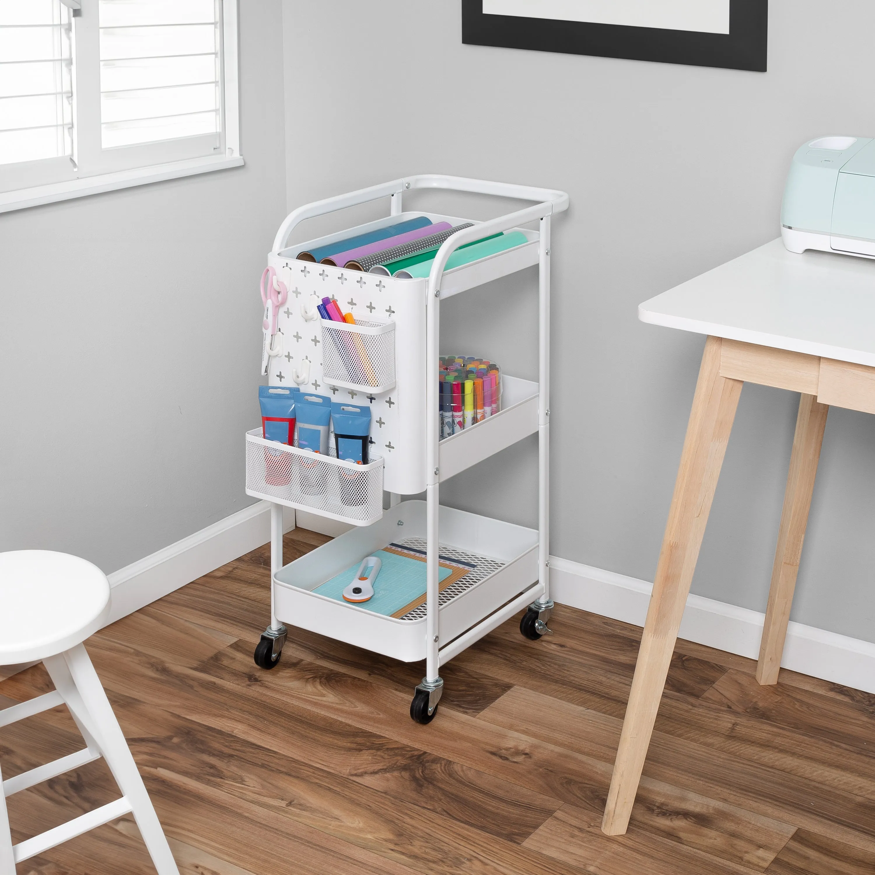 White Steel 3-Tier Craft or Makeup Organizer Cart with Side Storage