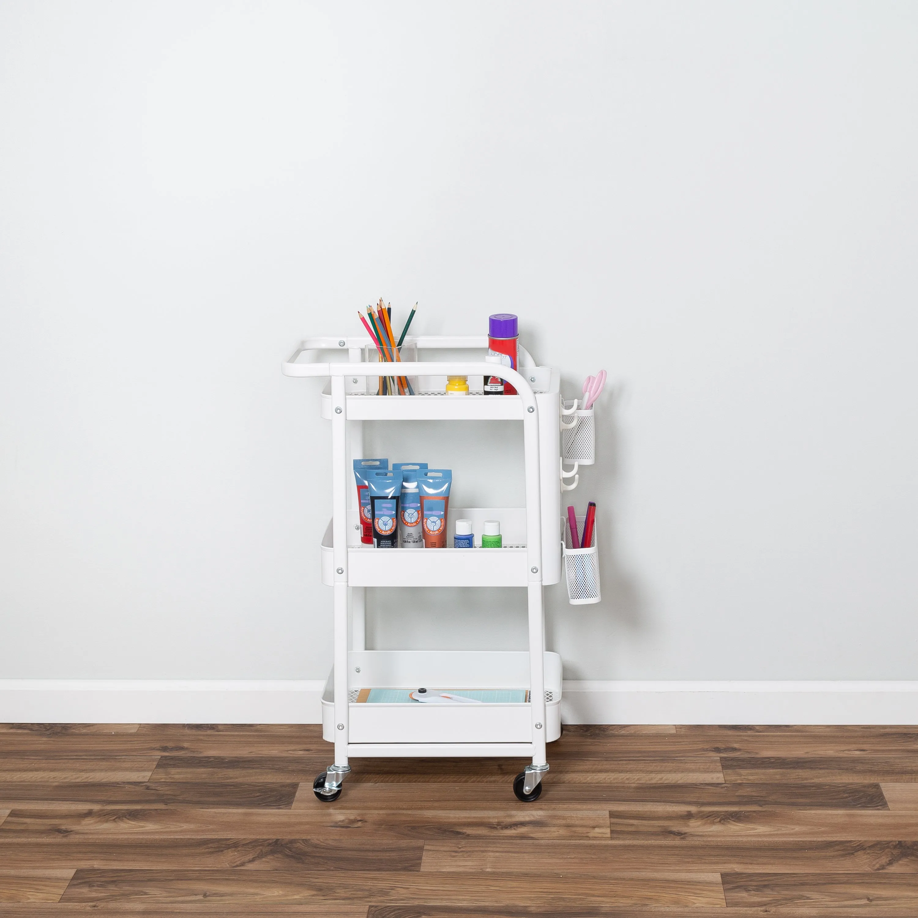 White Steel 3-Tier Craft or Makeup Organizer Cart with Side Storage