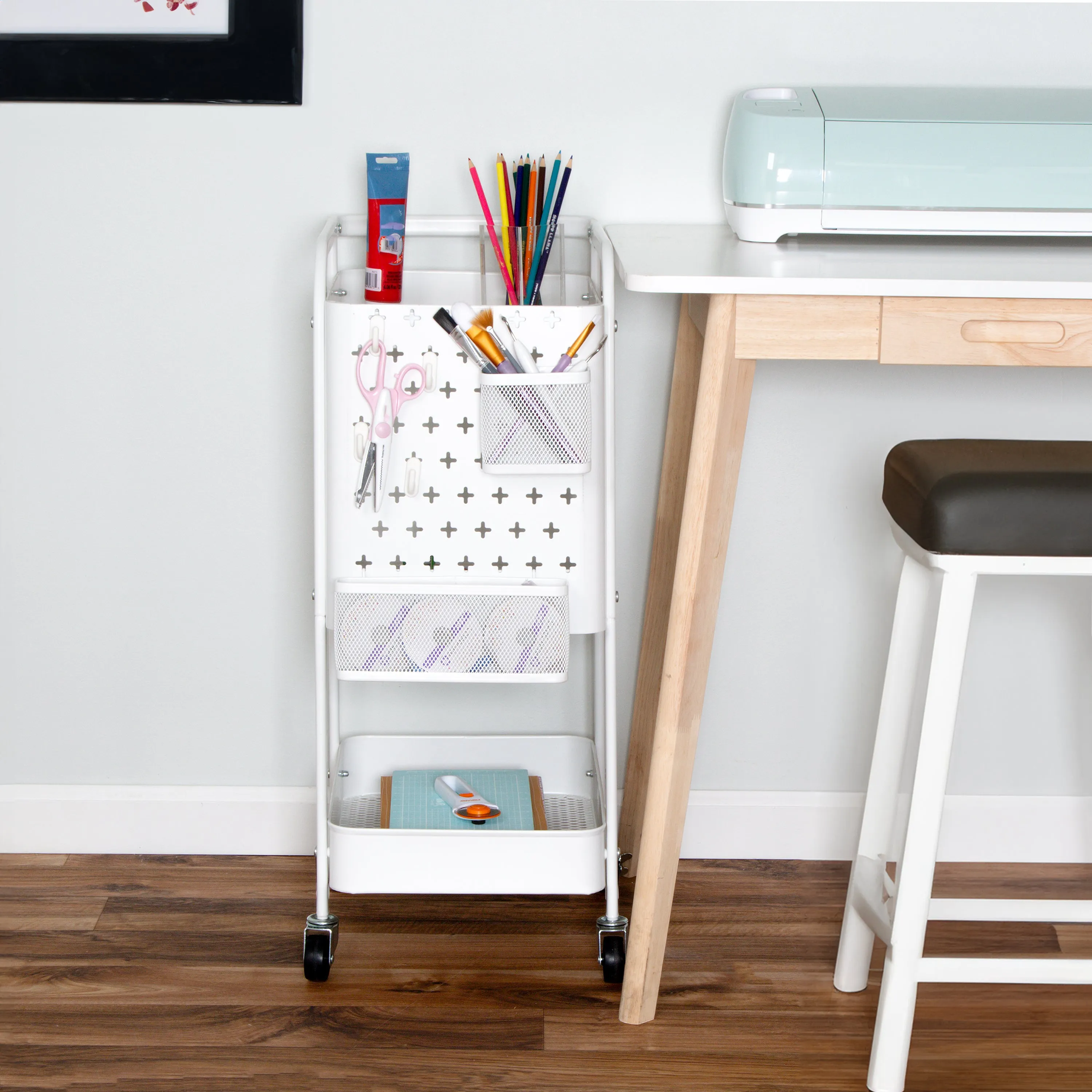 White Steel 3-Tier Craft or Makeup Organizer Cart with Side Storage
