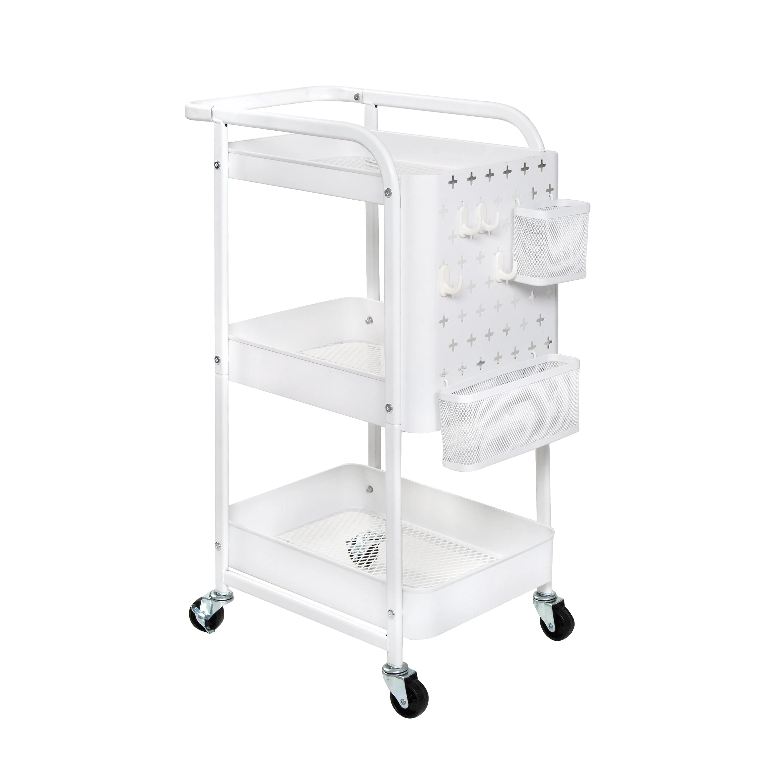 White Steel 3-Tier Craft or Makeup Organizer Cart with Side Storage