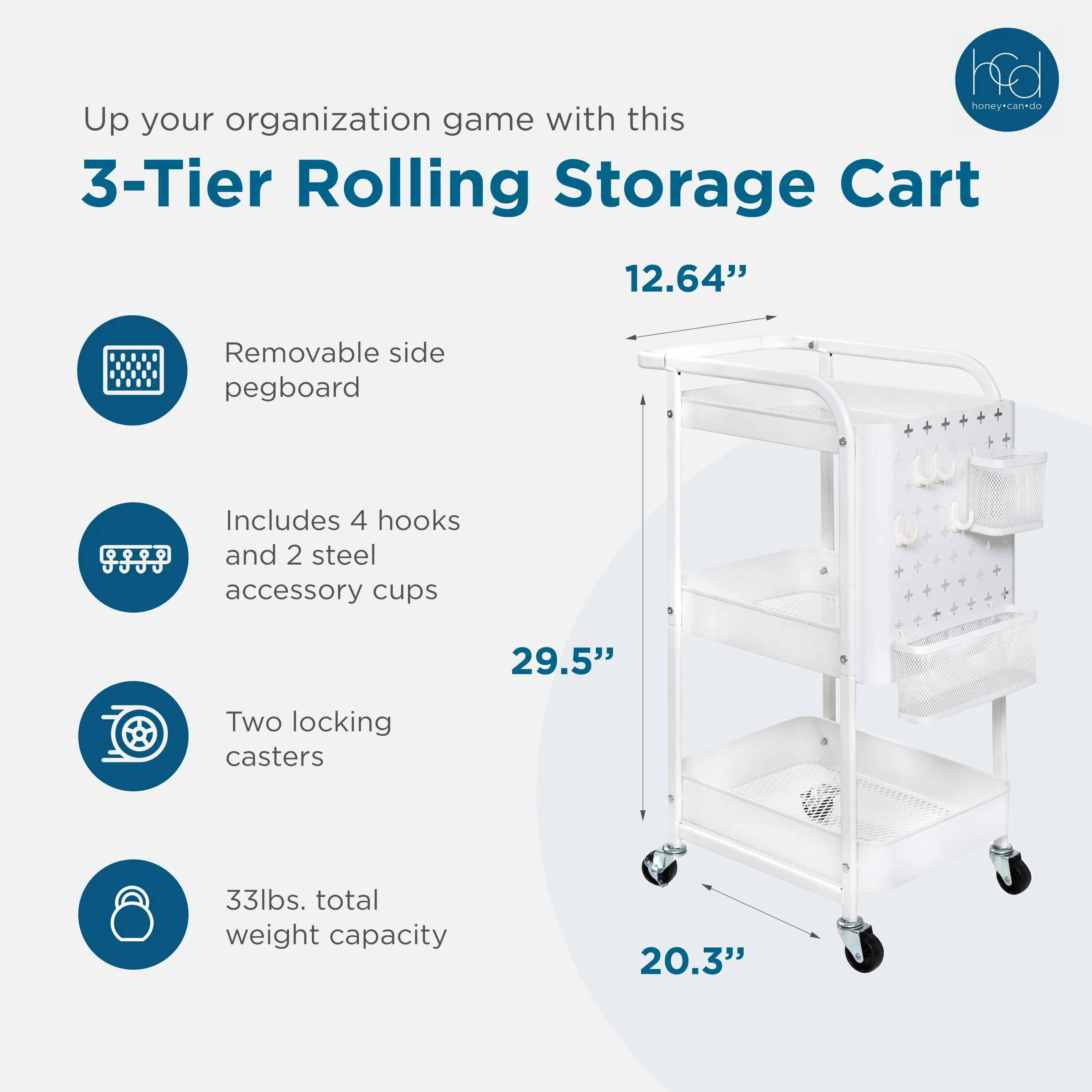 White Steel 3-Tier Craft or Makeup Organizer Cart with Side Storage