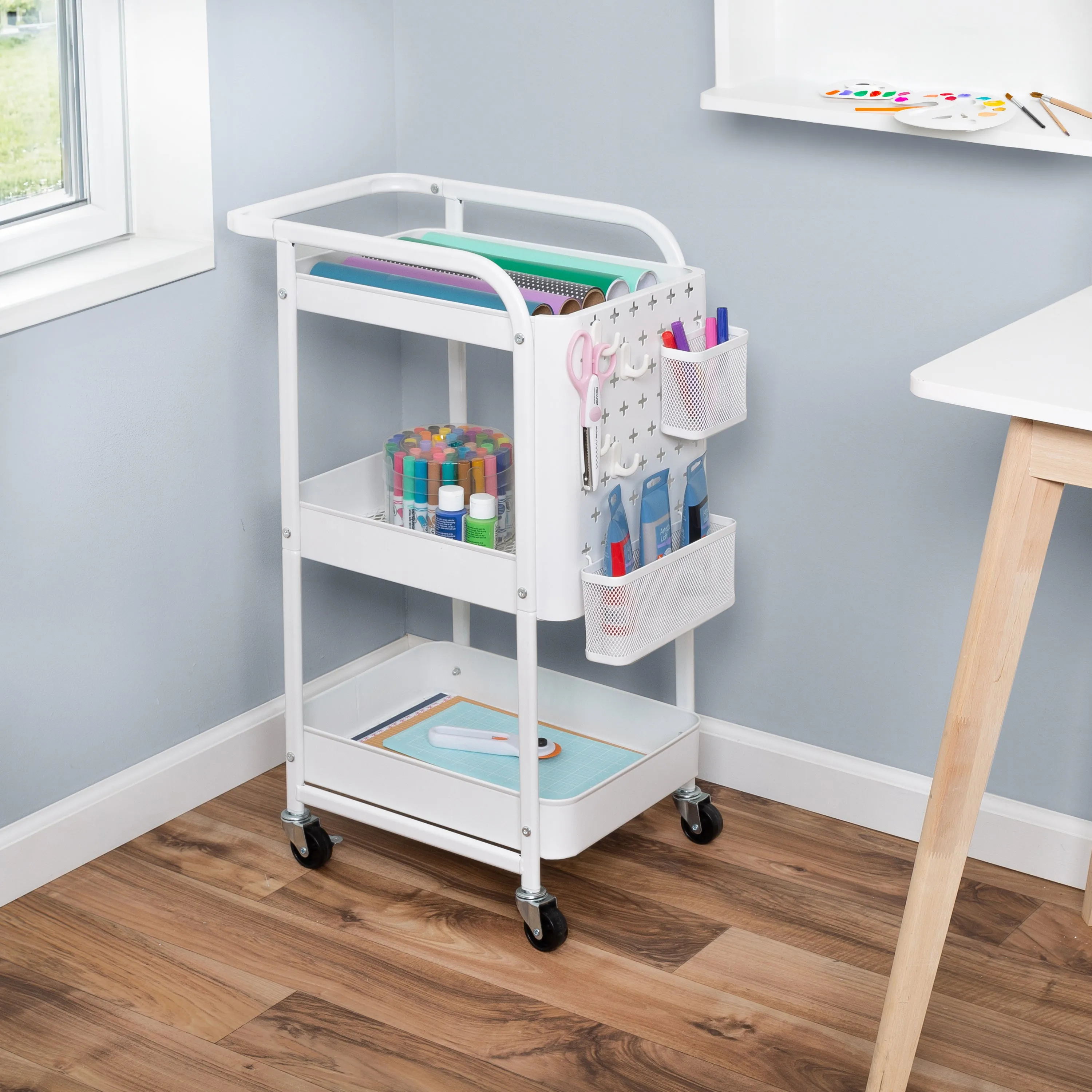 White Steel 3-Tier Craft or Makeup Organizer Cart with Side Storage