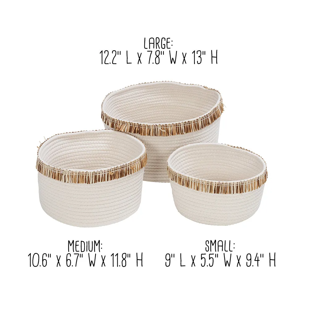 White/Natural Cotton Rope Nesting Baskets with Fringe (Set of 3)