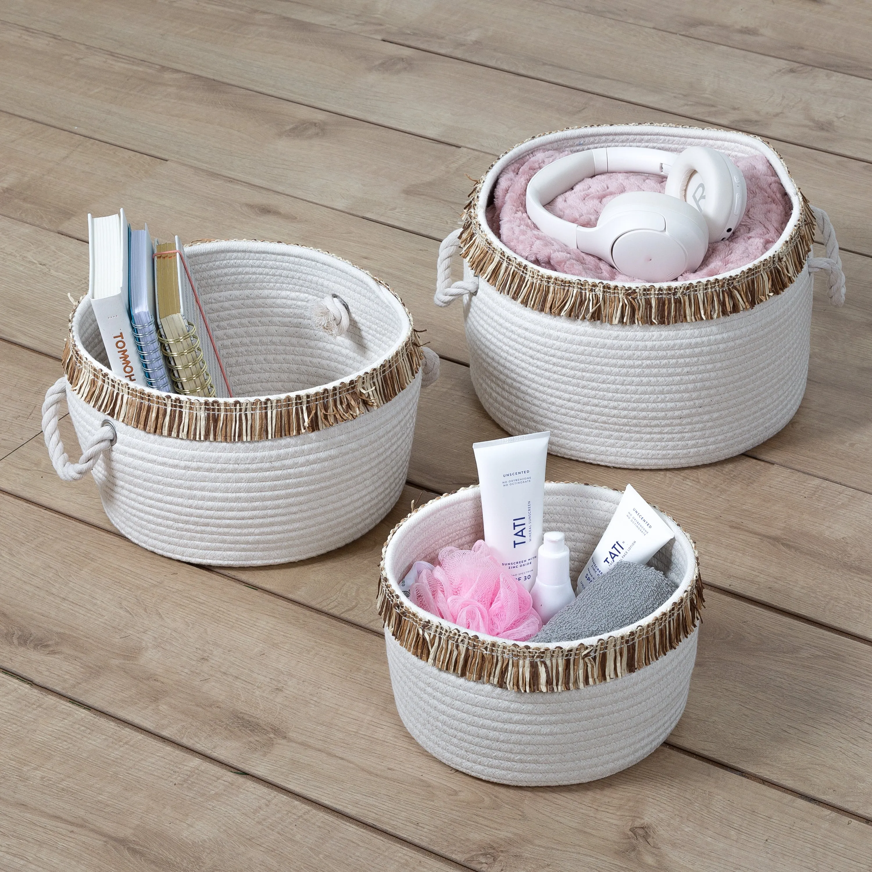 White/Natural Cotton Rope Nesting Baskets with Fringe (Set of 3)