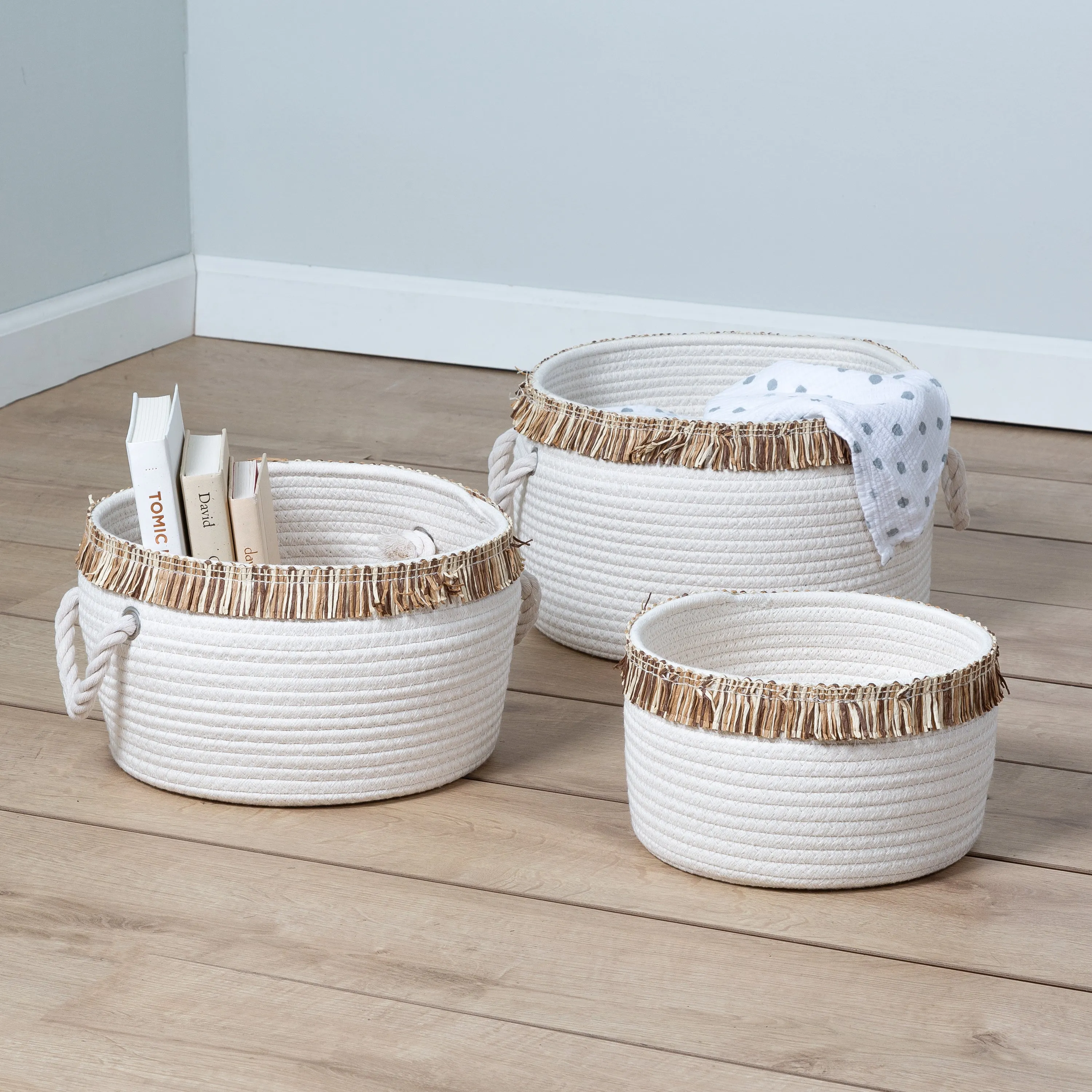 White/Natural Cotton Rope Nesting Baskets with Fringe (Set of 3)