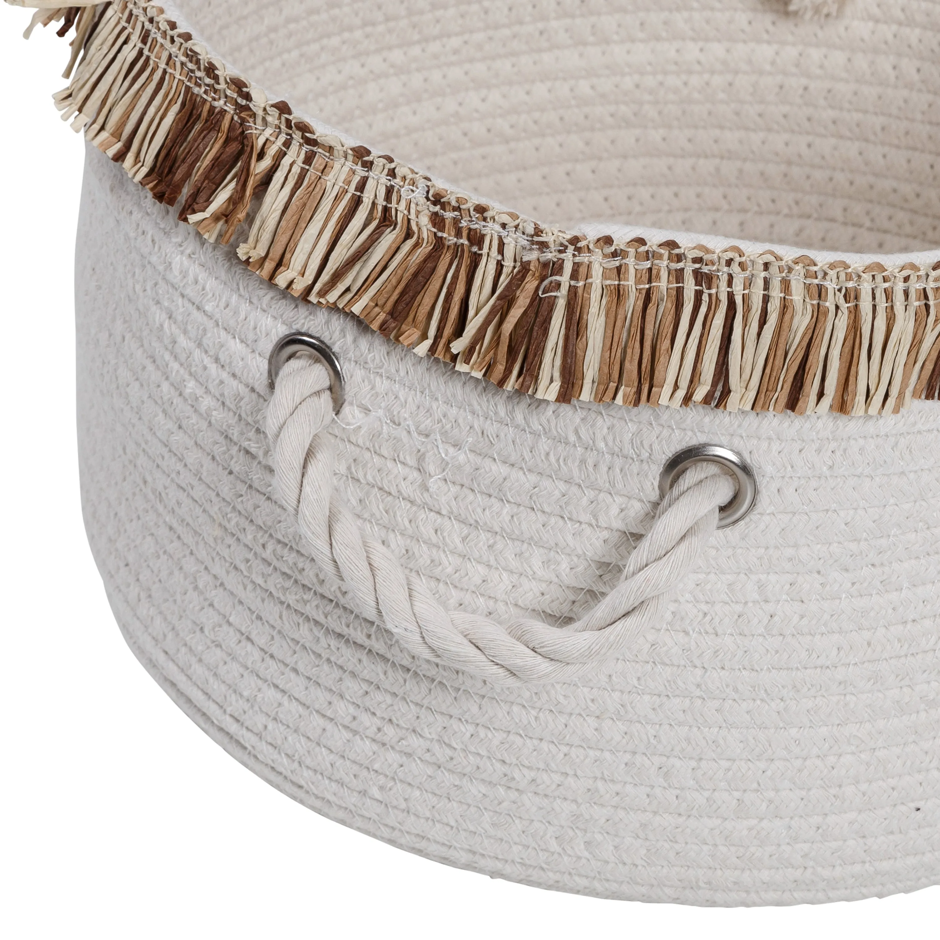 White/Natural Cotton Rope Nesting Baskets with Fringe (Set of 3)
