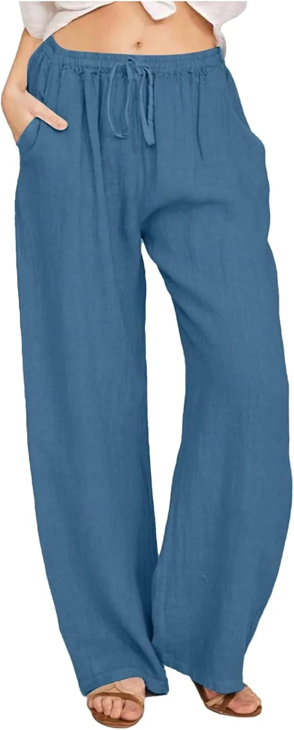 Wide Leg Palazzo Pants for Women 2025 Summer Drawstring Elastic Waist Loose Fit Lounge Trousers with Pockets
