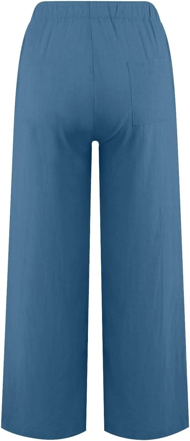 Wide Leg Palazzo Pants for Women 2025 Summer Drawstring Elastic Waist Loose Fit Lounge Trousers with Pockets