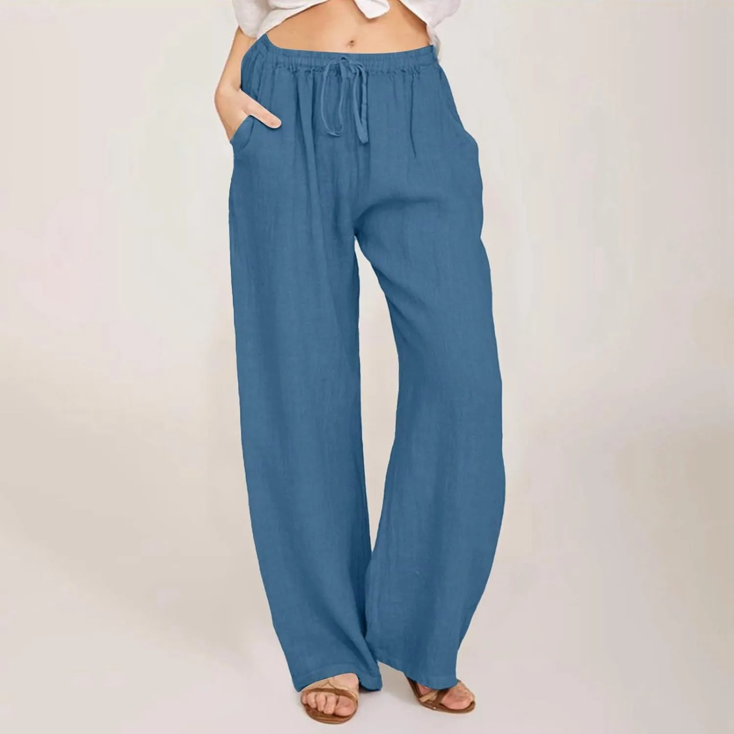 Wide Leg Palazzo Pants for Women 2025 Summer Drawstring Elastic Waist Loose Fit Lounge Trousers with Pockets