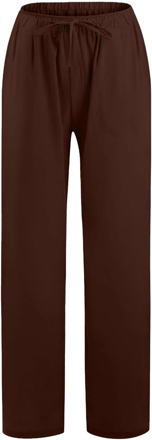 Wide Leg Palazzo Pants for Women 2025 Summer Drawstring Elastic Waist Loose Fit Lounge Trousers with Pockets