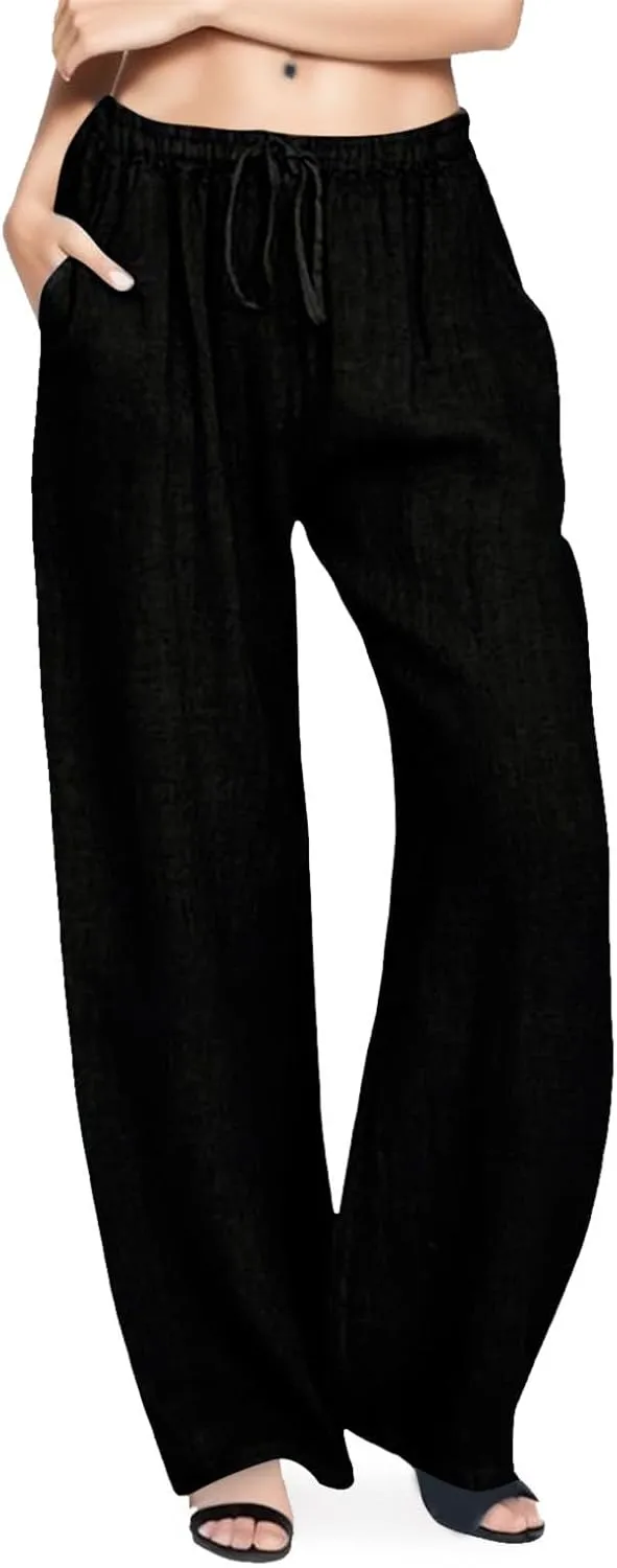 Wide Leg Palazzo Pants for Women 2025 Summer Drawstring Elastic Waist Loose Fit Lounge Trousers with Pockets