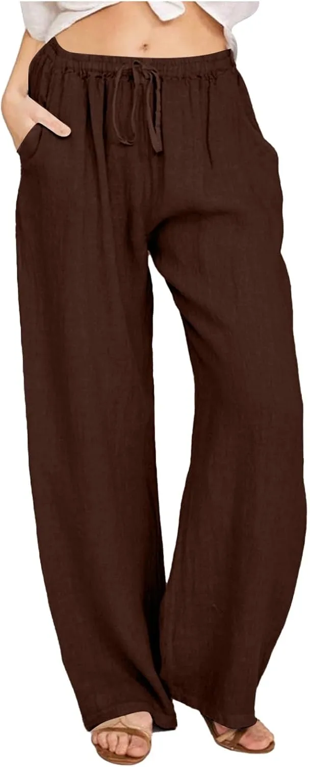 Wide Leg Palazzo Pants for Women 2025 Summer Drawstring Elastic Waist Loose Fit Lounge Trousers with Pockets