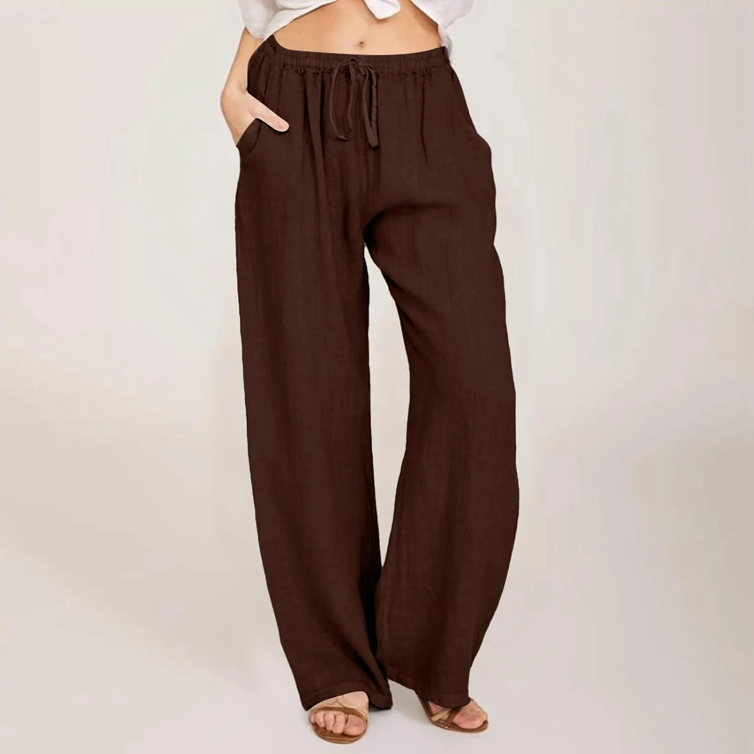 Wide Leg Palazzo Pants for Women 2025 Summer Drawstring Elastic Waist Loose Fit Lounge Trousers with Pockets